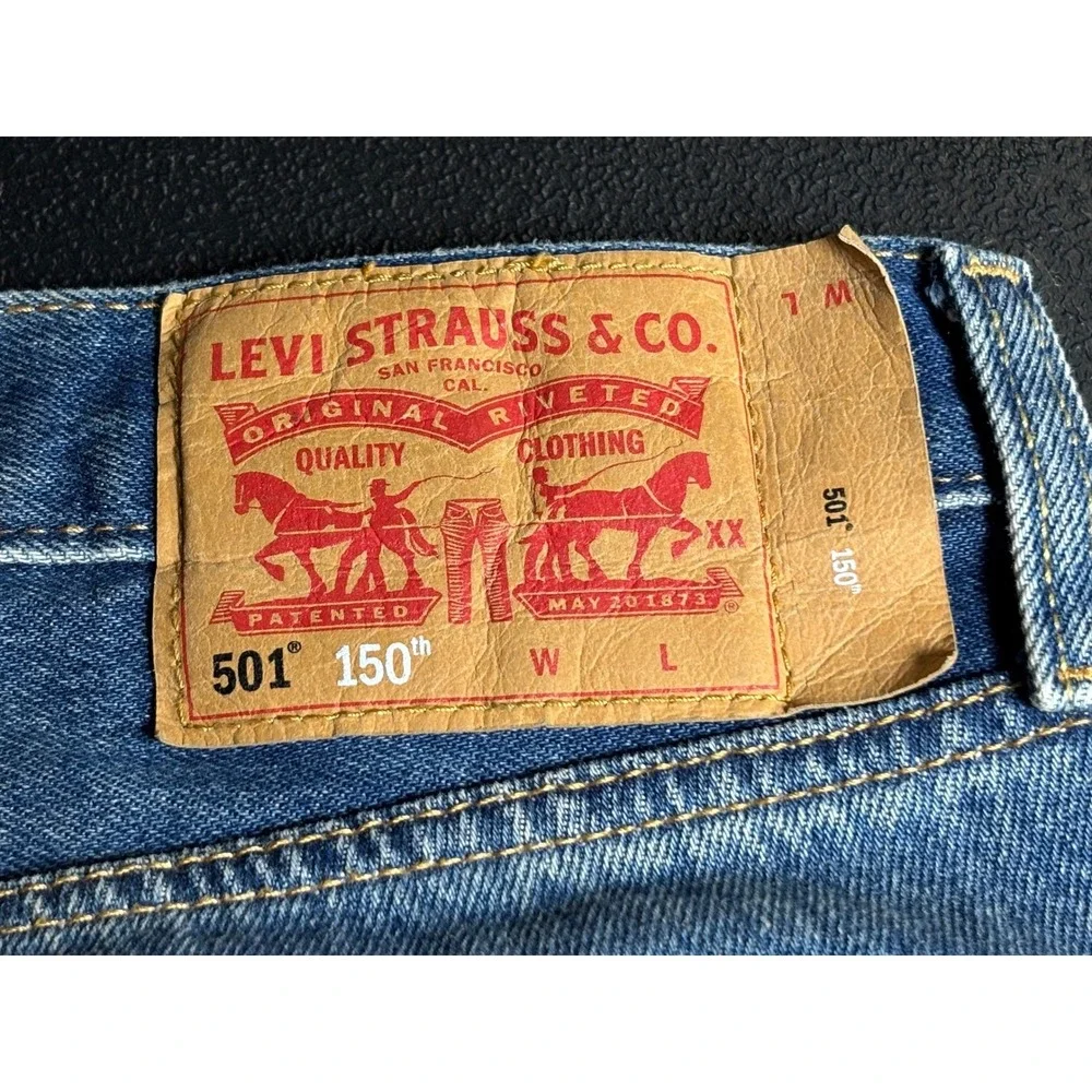 Levis 501 150th Anniversary Mens Distressed Straight Leg Jeans Blue W34 L38
